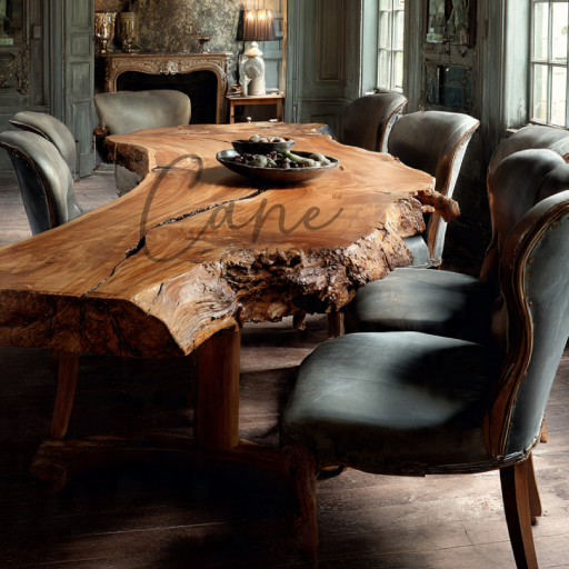 طاولة طعام ضخمة من خشب الشجر الطبيعي بحواف غير منتظمة مع كراسي جلدية كلاسيكية في غرفة طعام تاريخية تضم مدفأة ومنحوتات جدارية.