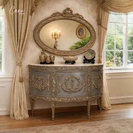 مدخل بيضاوي خشب زان الملكي طلاء رمادي وذهب مع سطح رخام ومرآة ضخمة من كاني هوم.