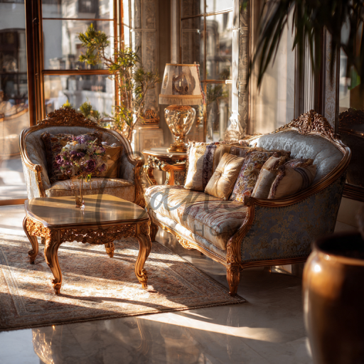 طقم كنب كلاسيكي ملكي باللون الأزرق السماوي المذهب مع طاولة قهوة محفورة وسجاد يدوي في مجلس سعودي فاخر تملؤه إضاءة الشمس.