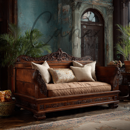 كنبة كلاسيكية من الخشب الزان المحفور يدوياً بأسلوب ملكي مع وسائد مطرزة أمام جدار أزرق عتيق ونباتات ظل.