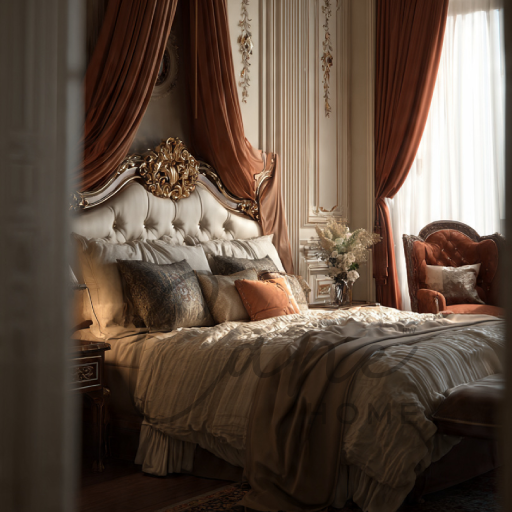 سرير كلاسيكي ملكي بظهر كابوتونيه أبيض وتاج مذهب ضخم مع ستائر حريرية وكرسي مخملي برتقالي في غرفة نوم فرنسية فاخرة.