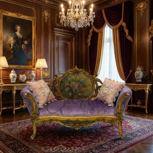 شيزلونج كلاسيكي ملكي باللون البنفسجي المذهب مع ظهر مطرز بالزهور يوضع في غرفة نوم فاخرة بجدران خشبية كلاسيكية ولوحات زيتية.