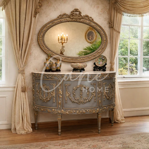 مدخل ومرآة قصر فيرساي مستوحى من قصر فيرساي يضم كونسول رمادي بنقوش مذهبة وسطح رخامي أبيض مع مرآة بيضاوية ضخمة وإطار ذهبي محفور.