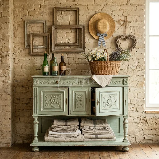 أثاث ريفي بوفيه ريفي باللون الأخضر المعتّق مع حفر يدوي وزخارف نباتية في غرفة بتصميم ريفي دافئ.