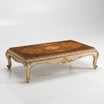 صورة لـ طاولة مجلس خشب زان كلاسيكية فخمة بتصميم فرنسي ملكي محفور يدوياً باللون الكريمي والذهب المعتق، معزولة على خلفية بيضاء نقية من متجر كاني هوم