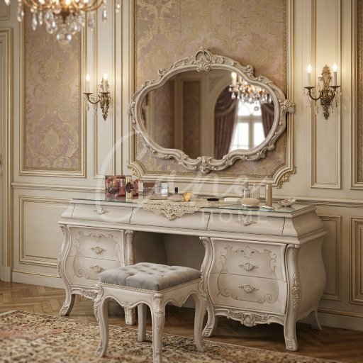 تسريحة كلاسيكية فخمة باللون الكريمي المذهب مع مرآة بيضاوية محفورة وكرسي "بف" مخملي في غرفة نوم ملكية.