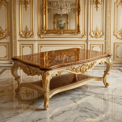 طاولة مدخل كلاسيك فخمة بسطح ماركتري منقوش وقاعدة مذهبة محفورة يدوياً في صالة استقبال ملكية.