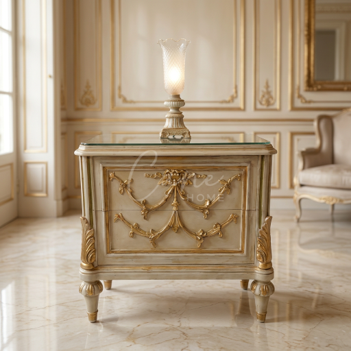 كومود كلاسيك باللون الكريمي المذهب مع نقوش يدوية بارزة وسطح زجاجي في غرفة نوم ملكية.