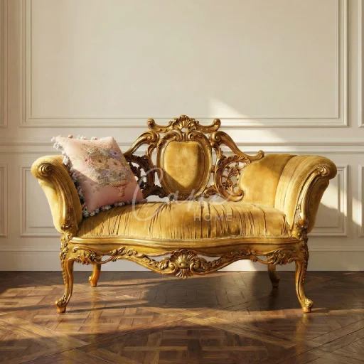 كنبة كلاسيك ذهبي (أنطاش) بمقعدين من المخمل الأصفر وإطار خشب زان مذهب ومنحوت أمام جدار كلاسيكي.