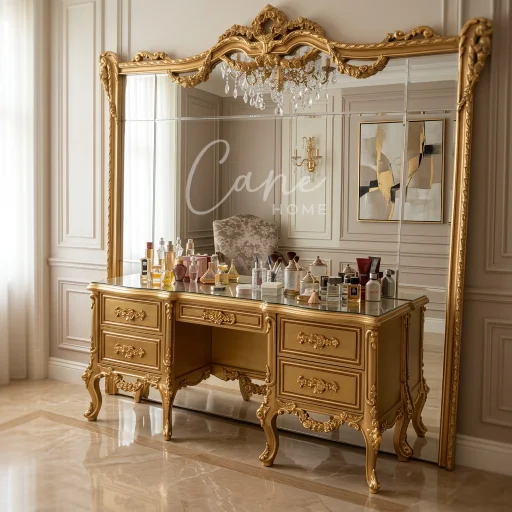 تسريحة غرفة نوم كلاسيكية باللون الذهبي مع مرآة كبيرة مزخرفة وأدراج واسعة بتصميم فرنسي.