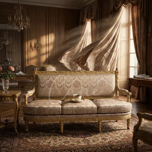 كنبة كلاسيك فخمة مذهبة بأسلوب الأنتيك مع قماش جوبلان بنقوش دمشقية تقليدية في مجلس ملكي.