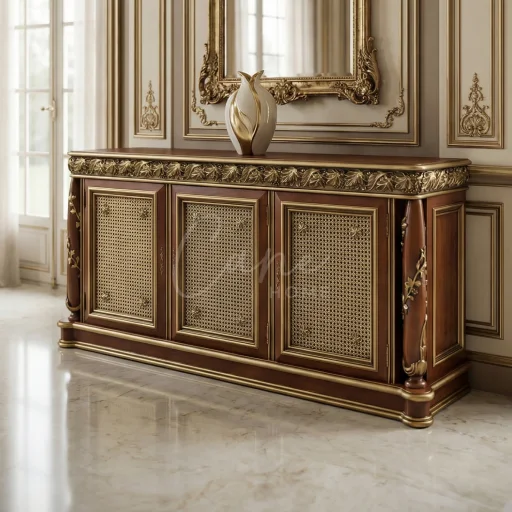 بوفيه كلاسيك من الخشب البني مع أبواب من خيزران الكانو وإطار علوي محفور ومذهب يدوياً موضوع في غرفة طعام فاخرة.