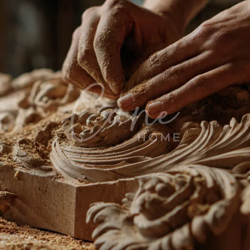 لقطة قريبة ليد حرفي يستخدم الإزميل لنحت زخارف نباتية دقيقة على خشب الزان الروماني في ورشة Cane Home.