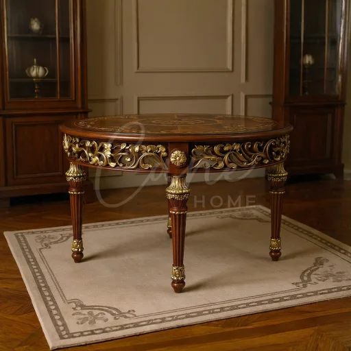 طاولة مدخل دائرية من خشب الجوز مطعمة بالماركتري مع حفر يدوي مذهب على الإطار وأرجل نيوكلاسيك رشيقة.