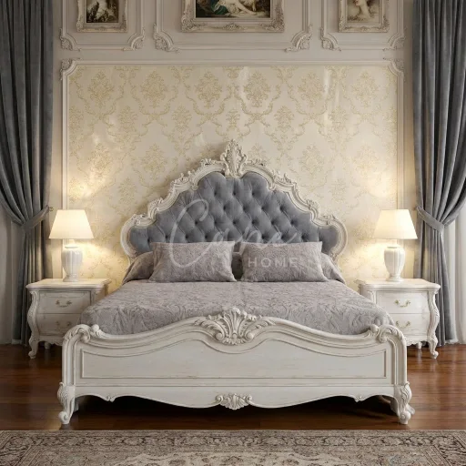سرير كلاسيك ملكي باللون الكريمي مع ظهر مخملي رمادي كابوتنيه محفور يدوياً بجانب طاولات سرير جانبية مذهبة في غرفة نوم فاخرة