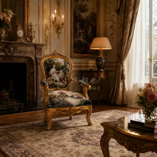 كرسي صالون كلاسيك مذهب ذو ظهر ومقعد من قماش الجوبلان الفرنسي الفاخر بنقوش لوحة زيتية كلاسيكية، يقع بجوار مدفأة عتيقة وثريا جدارية ونوافذ ممتدة في صالون Cane Home الفخم.