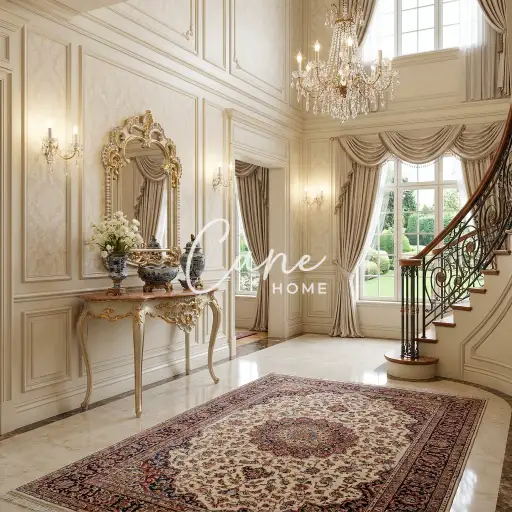مدخل كلاسيك فخم لفيلا ببهو شاهق يضم كونسول عاجي مذهب مع مرآة باروكية ونجفة كريستال بجوار درج دائري وسجادة تراثية من Cane Home.