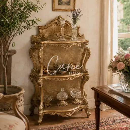 ارفف كلاسيك فخمة مذهبة بظهر خيزران منسوج وأرجل محفورة يدوياً من Cane Home.