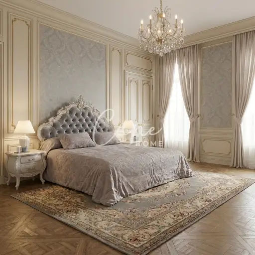 سرير كلاسيك فخم بمخمل رمادي كابيتونيه وإطار خشب عاجي محفور من Cane Home.