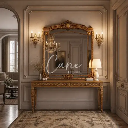 مدخل كلاسيك فخم مذهب بأرجل نحت يدوياً ومرآة جدارية كبيرة من Cane Home.